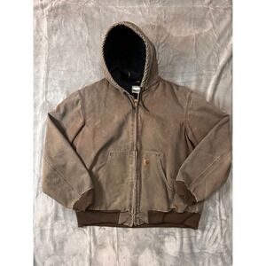 Vintage Carhartt J130 CHT XL Brown Quilted Canvas Hooded Work Jacket Distressed